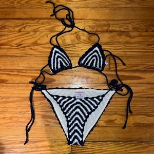 True Religion swimwear navy white diamond striped crochet bikini cotton lined S